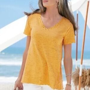 NEW Soft Surroundings Coral Triangle Tee Artisan Gold Embroidered Women XS
